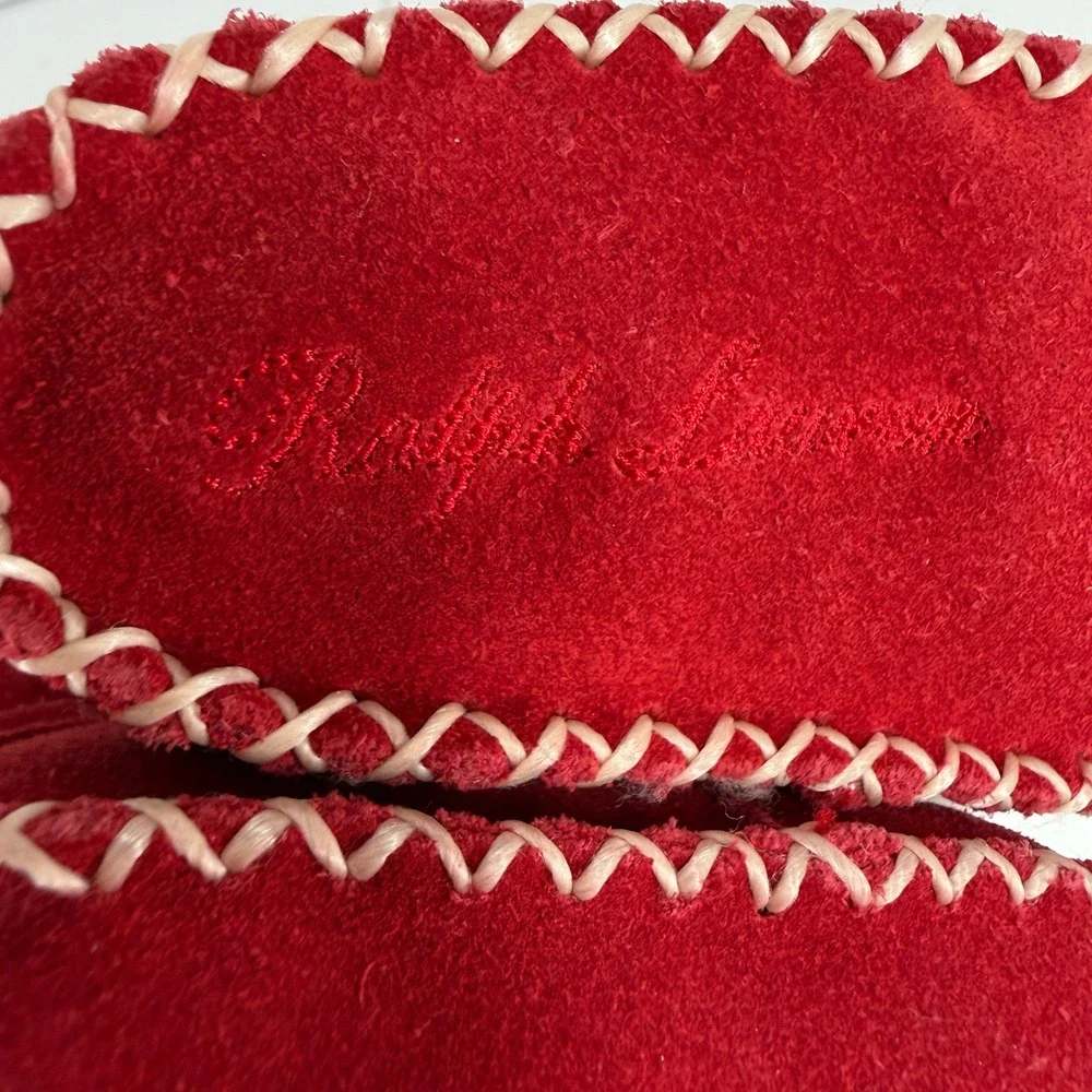 Ralph Lauren Infant Red Suede Shearling Moccasin Booties Pony Logo Soft Sole